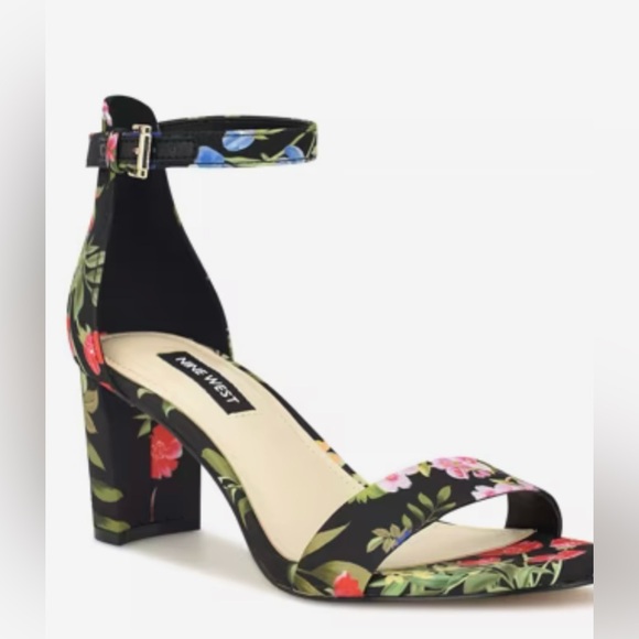 Nine West nwob Pruce black floral block heel floral open toe shoe - Picture 1 of 6